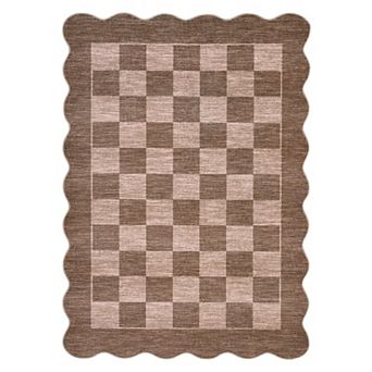 Scalloped Wave Edge Checkerboard Washable Non-Slip Low-Pile Area Rug for Entryway Bedroom Porch
