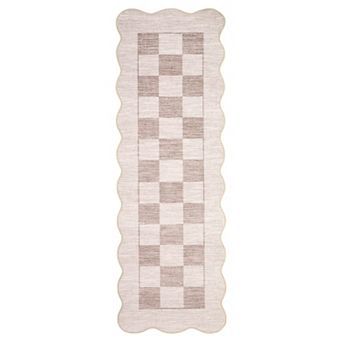 Scalloped Wave Edge Checkerboard Washable Non-Slip Low-Pile Area Rug for Entryway Bedroom Porch