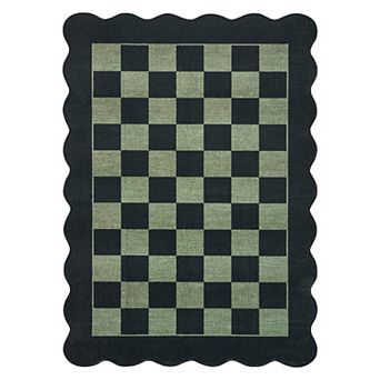 Scalloped Wave Edge Checkerboard Washable Non-Slip Low-Pile Area Rug for Entryway Bedroom Porch