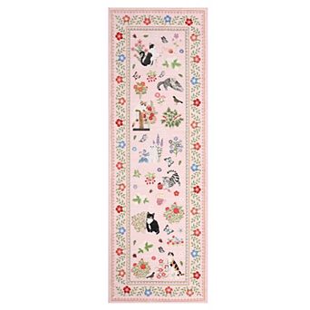 Floral Cat Machine Washable Area Rug Non-Slip Low-Pile Stain-Resistant Carpet for Porch Bedroom