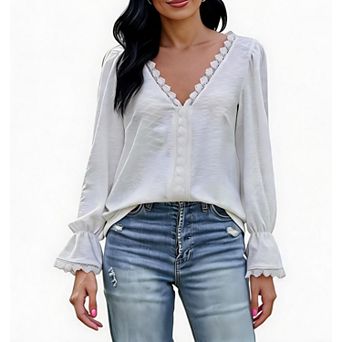 Womens Blouses V Neck Lace Trim Tops Dressy Causal Long Sleeve Textured Shirt Blouses