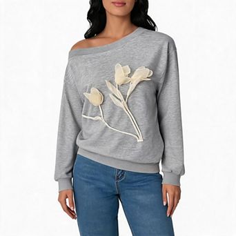 Women Long Sleeve Off The Shoulder Sweatshirts Crewneck Floral Sweatshirt Fall Casual Pullover Top