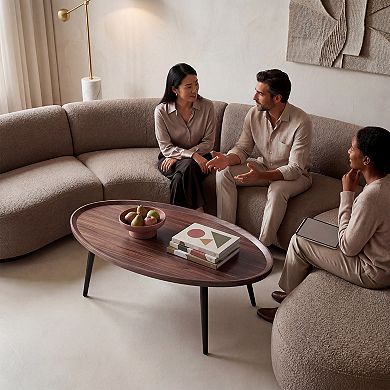 Oval Coffee Table, Modern Wood Grain MDF Coffee Table with Black Legs