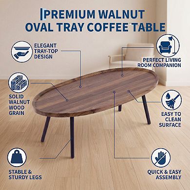 Oval Coffee Table, Modern Wood Grain MDF Coffee Table with Black Legs