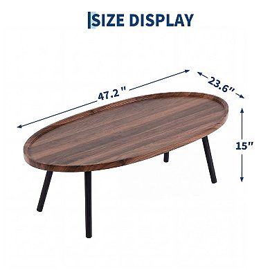 Oval Coffee Table, Modern Wood Grain MDF Coffee Table with Black Legs