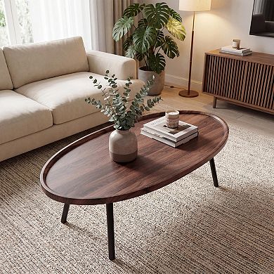 Oval Coffee Table, Modern Wood Grain MDF Coffee Table with Black Legs