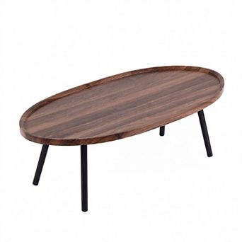 Oval Coffee Table, Modern Wood Grain MDF Coffee Table with Black Legs
