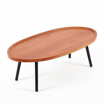 Oval Coffee Table, Modern Wood Grain MDF Coffee Table with Black Legs