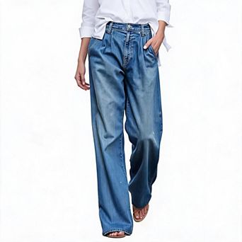 Womens Wide Leg Jeans High Waist Pleated Pants with Pocket Full Length Casual Denim Trousers