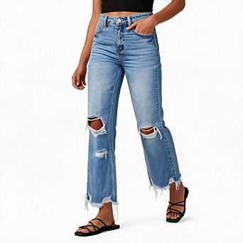 Womens Cropped Bootcut Jeans High Waist Ripped Frayed Hem Stretch Five Pocket Casual Denim Trousers