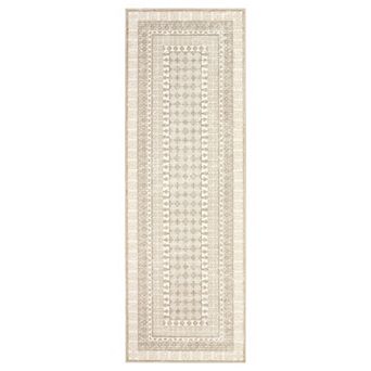 Vintage Bordered Oriental Geometric Machine Washable Area Rug Ultra Thin Low-Pile Non-Slip Carpet