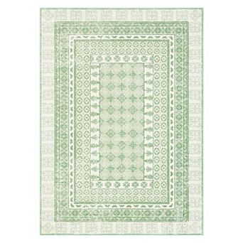 Vintage Bordered Oriental Geometric Machine Washable Area Rug Ultra Thin Low-Pile Non-Slip Carpet