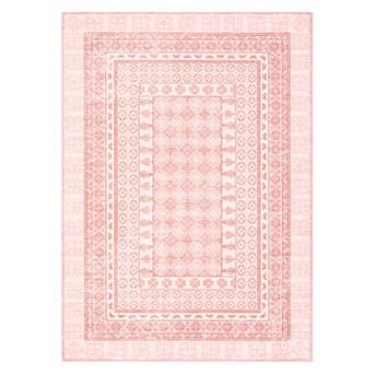 Vintage Bordered Oriental Geometric Machine Washable Area Rug Ultra Thin Low-Pile Non-Slip Carpet