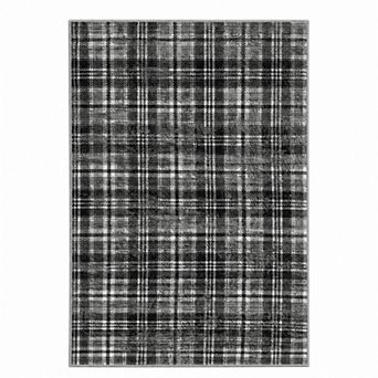 Distressed Plaid Machine Washable Area Rug Low-Pile Stain-Resistant Carpet for Bedroom Living Room