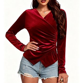 Women's Wrap V Neck Side Ruched Long Sleeve Velvet Shirt Fall Casual Slim Dressy Blouse Elegant Top