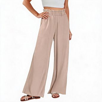 Women's Pants High Waist Elastic Wide Leg Flowy Fabric Casual Trousers with Pockets