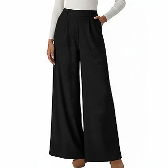 Women's Pants High Waist Ribbed Wide Leg Woven Fabric Casual Office Trousers