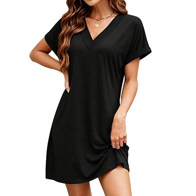 Womens Casual Flowy Short Sleeve Swing Beach Vacation A Line Mini Dress