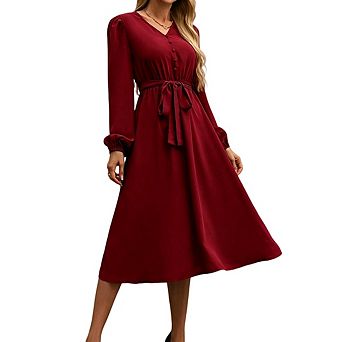 Women Long Sleeve V Neck Button Down Midi Casual Shirt Dress