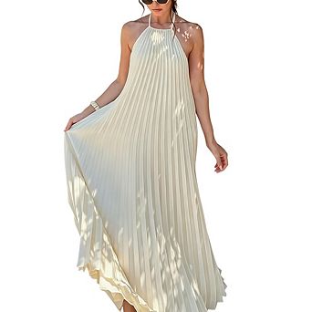 Women's Casual Sleeveless Pleated Halter Flowy Loose Long Beach Backless Maxi Dress