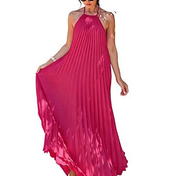 Women's Casual Sleeveless Pleated Halter Flowy Loose Long Beach Backless Maxi Dress
