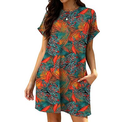 Women's Short Sleeve Boho Print Casual Vacation Mini Beach Dress with Pockets