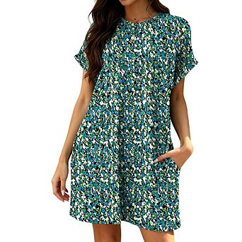 Women's Short Sleeve Boho Print Casual Vacation Mini Beach Dress with Pockets