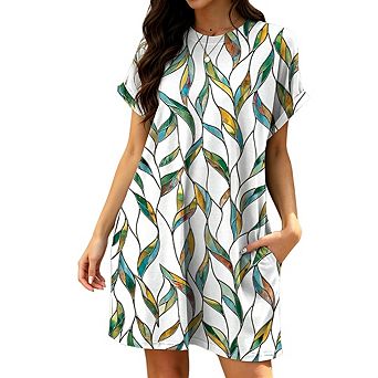 Women's Short Sleeve Boho Print Casual Vacation Mini Beach Dress with Pockets