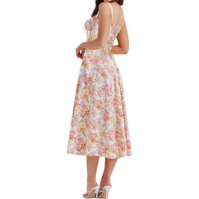 Women Square Neck Low Cut Sleeveless Floral Spaghetti Strap Midi Dress