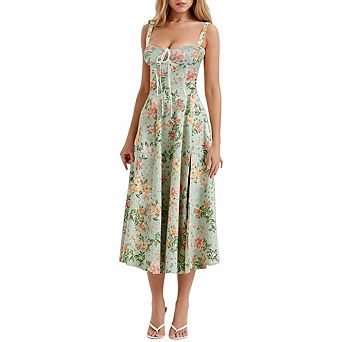 Women Square Neck Low Cut Sleeveless Floral Spaghetti Strap Midi Dress