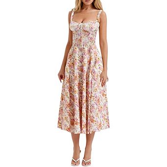 Women Square Neck Low Cut Sleeveless Floral Spaghetti Strap Midi Dress