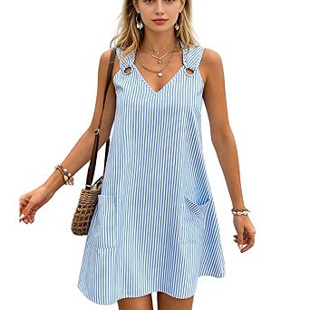 Womens Sleeveless Casual V Neck Sundresses Striped Printed Short Dress with Pocket