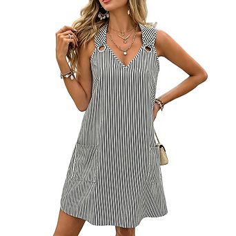 Womens Sleeveless Casual V Neck Sundresses Striped Printed Short Dress with Pocket