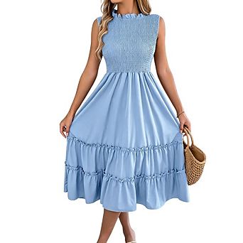 Women High Waist Flowy Sleeveless Smocked Crew Neck Vacation Midi Dresses