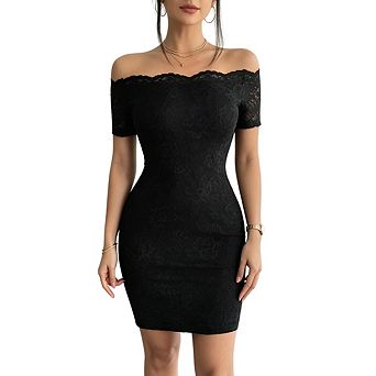Womens Vintage Lace Floral Off Shoulder Elegant Swing Sheath Mini Dress