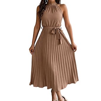 Women's Casual Mock Neck Tie Waist Sleeveless A-Line Flowy Beach Pleated Hem Dress