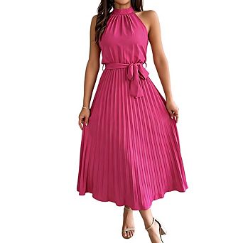 Women's Casual Mock Neck Tie Waist Sleeveless A-Line Flowy Beach Pleated Hem Dress