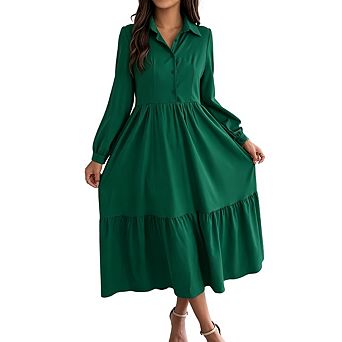 Women Casual Collared Button Down Long Sleeve Ruffle Flowy Vacation Shirt Dress