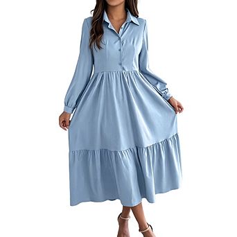 Women Casual Collared Button Down Long Sleeve Ruffle Flowy Vacation Shirt Dress