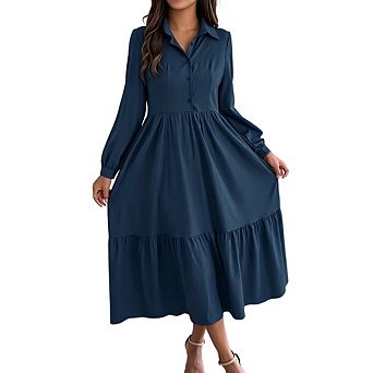 Women Casual Collared Button Down Long Sleeve Ruffle Flowy Vacation Shirt Dress