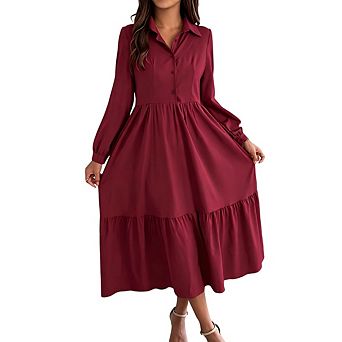 Women Casual Collared Button Down Long Sleeve Ruffle Flowy Vacation Shirt Dress