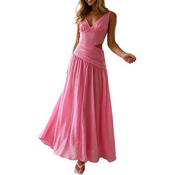 Women's Sleeveless Flowy V Neck Cut Out Pleated Ladies Dresses