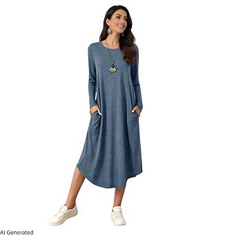 Women's Long Sleeve Crew Neck Loose Fit High-Low Hem Casual Maxi Dress
