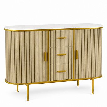 50" Modern Buffet Cabinet with Sliding Doors, Faux Marble Top, Adjustable Shelves