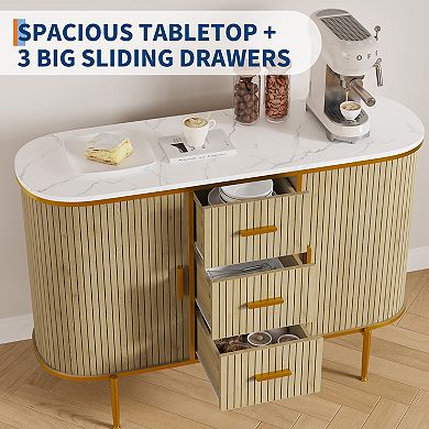 50" Modern Buffet Cabinet with Sliding Doors, Faux Marble Top, Adjustable Shelves