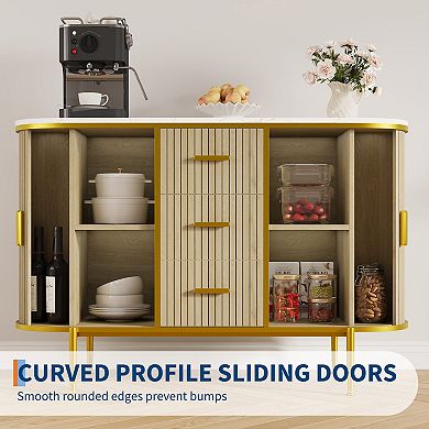 50" Modern Buffet Cabinet with Sliding Doors, Faux Marble Top, Adjustable Shelves