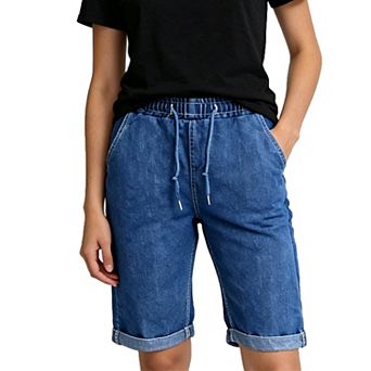 Women Elastic Waist Drawstring Denim Shorts Loose Straight Cuffed Knee Length Jean