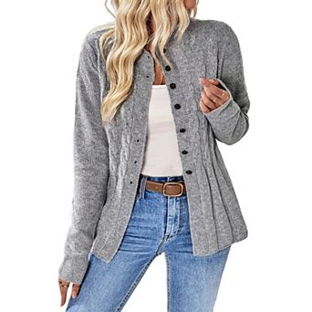 Women Cable Knit Cardigan Sweater Crew Neck Button Down Long Sleeve Sweater Coat