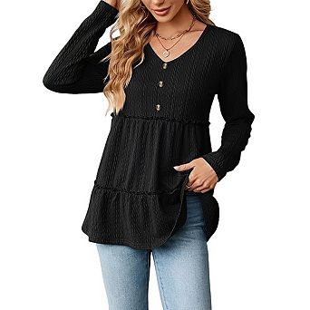 Women Top V Neck Button Front Tiered Ruffle Long Sleeve Loose Tunic Blouse
