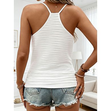Women Top Scoop Neck Horizontal Ruched Spaghetti Strap Slim Fit Basic Cami Tank